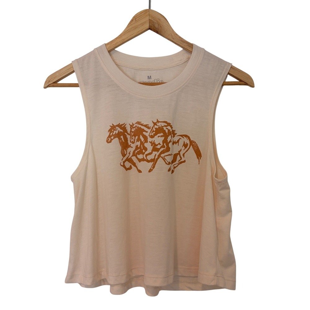 GOODIE TWO SLEEVES Wild West Horses Crop Top M Cream Cowgirl Rodeo Boho Festival